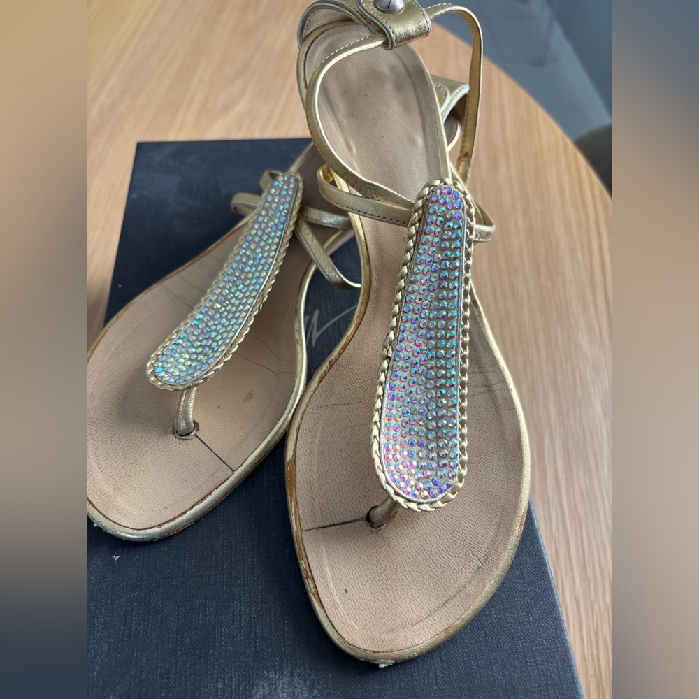 Giuseppe Zanotti Gold Crystal Wedge Thong Sandal- Size 7/37